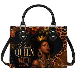 Personalized Black Queen tote bag featuring an elegant African American woman with a gold crown and floral leopard print.