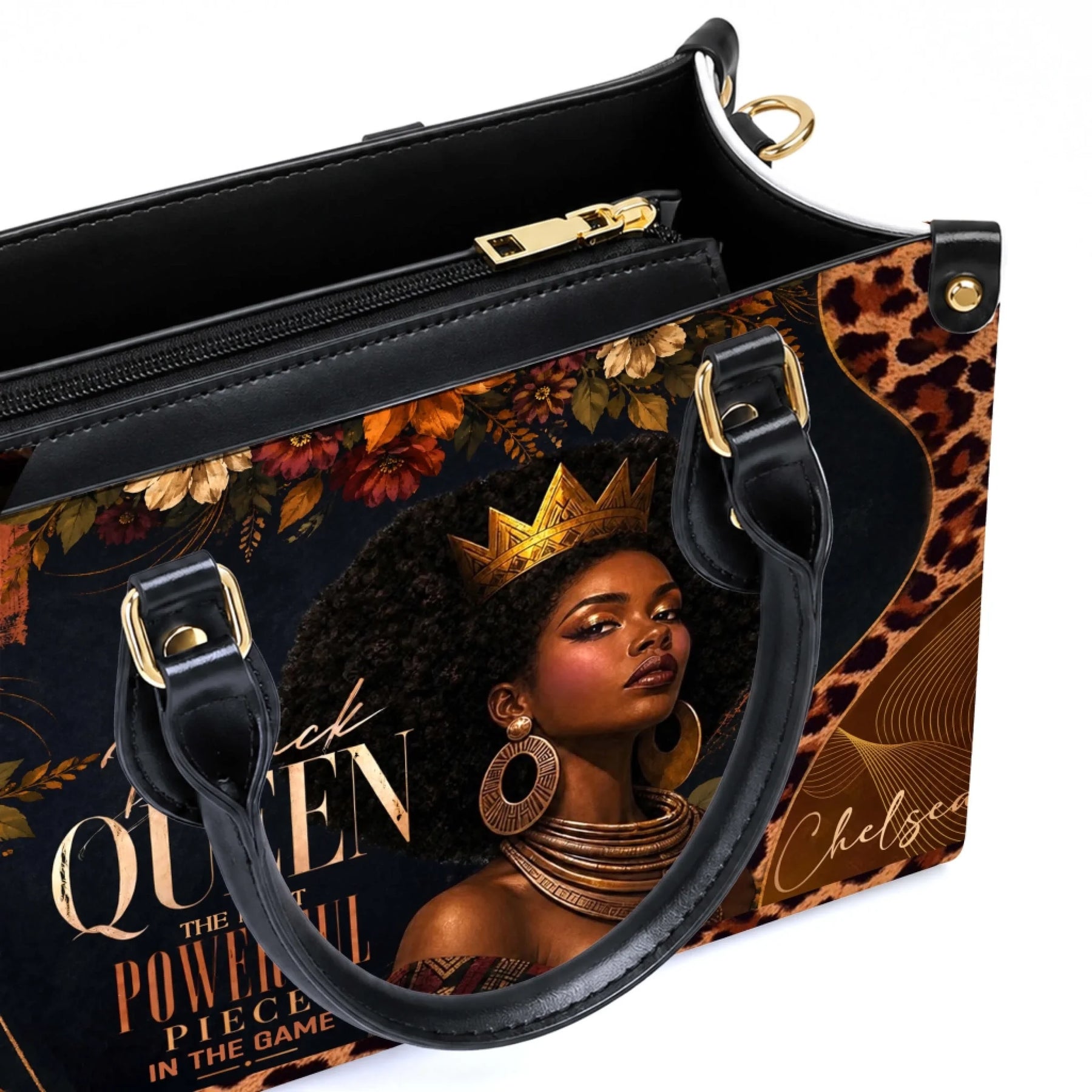 Stylish Black Queen PU leather handbag with a regal crown illustration and personalized text detail for daily use.