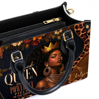 Stylish Black Queen PU leather handbag with a regal crown illustration and personalized text detail for daily use.