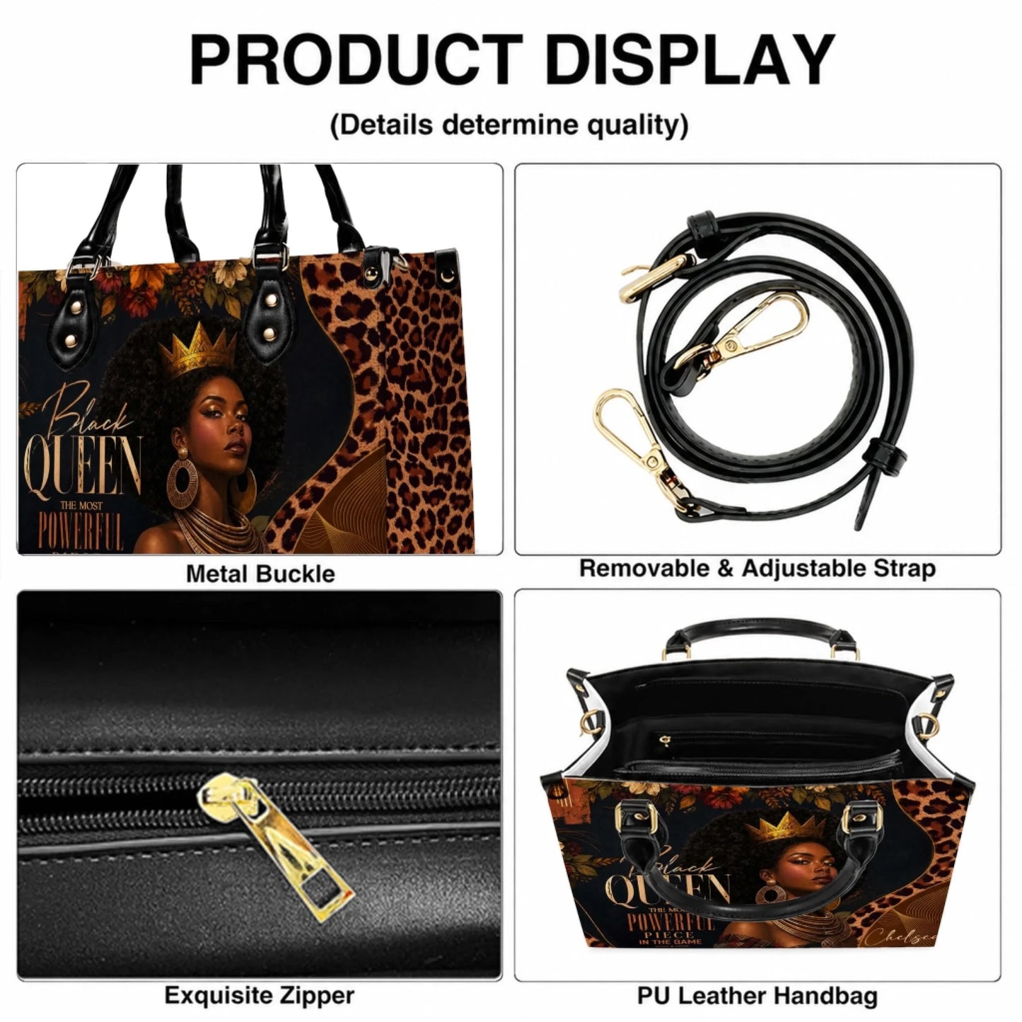 Black Queen PU leather handbag featuring elegant floral accents and leopard print panels for a stylish gift accessory.