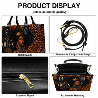Black Queen PU leather handbag featuring elegant floral accents and leopard print panels for a stylish gift accessory.
