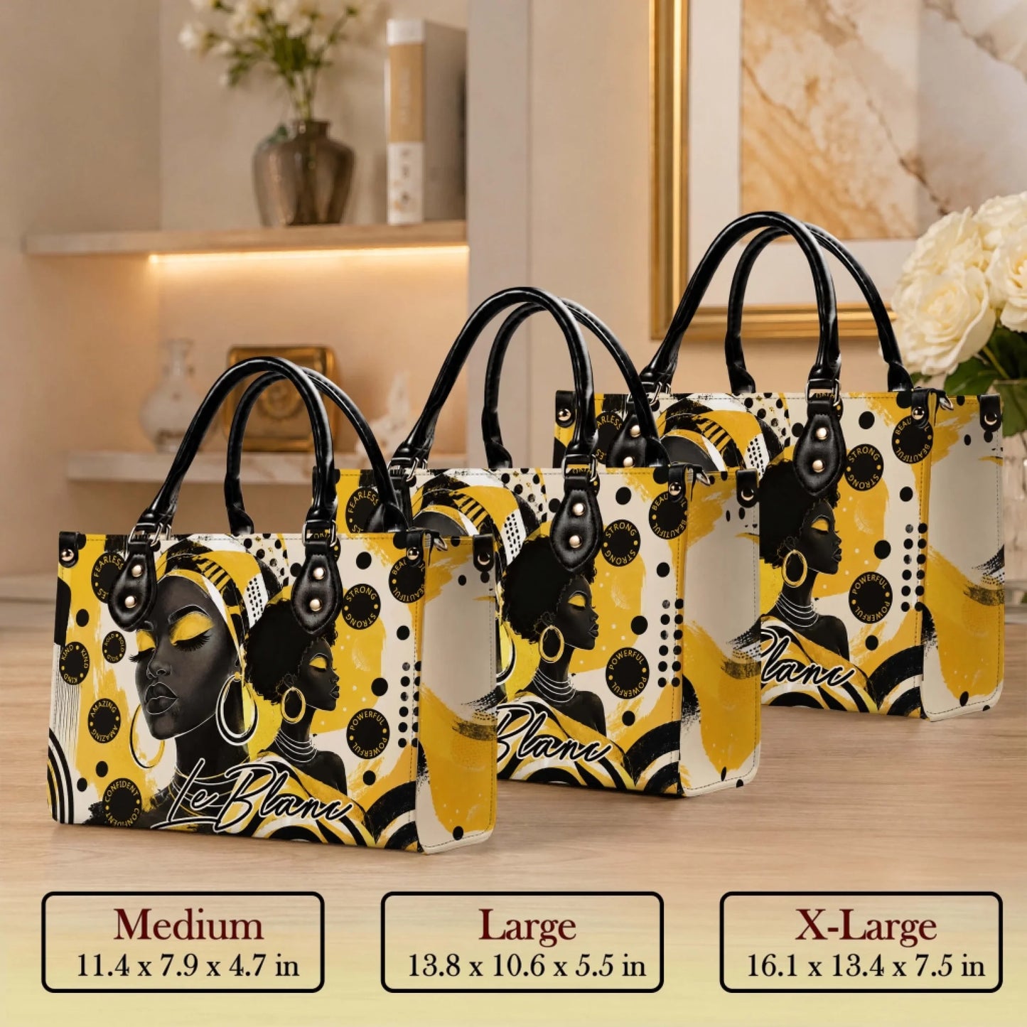 Collection of three fashion handbags for women featuring artistic black woman prints in medium large and xl sizes