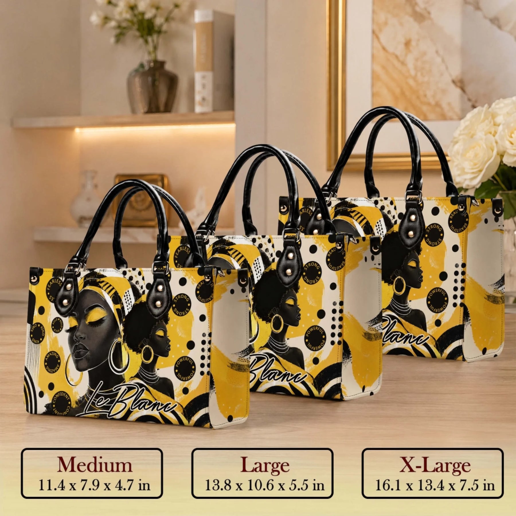 Collection of three fashion handbags for women featuring artistic black woman prints in medium large and xl sizes