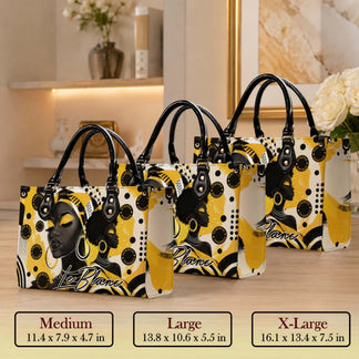 Collection of three fashion handbags for women featuring artistic black woman prints in medium large and xl sizes