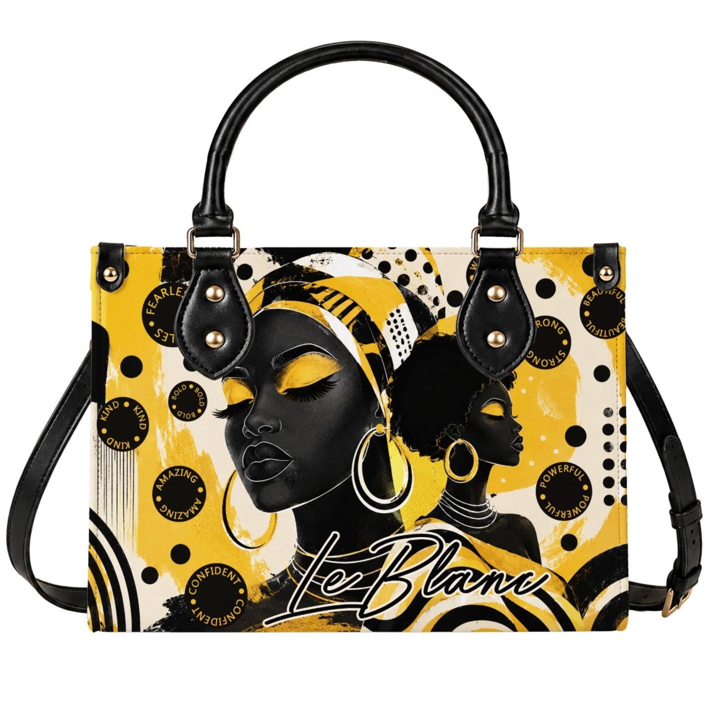 A stylish handbag featuring artistic illustrations of Black women with yellow and black abstract patterns and affirmations.