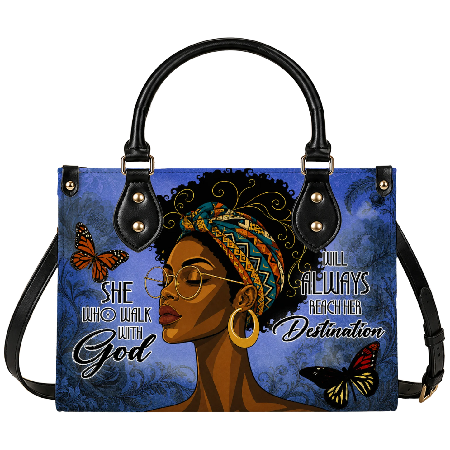 A stylish handbag featuring an artistic illustration of a black woman, butterflies, and the inspirational quote She Who Walk With God Will Always Reach Her Destination.