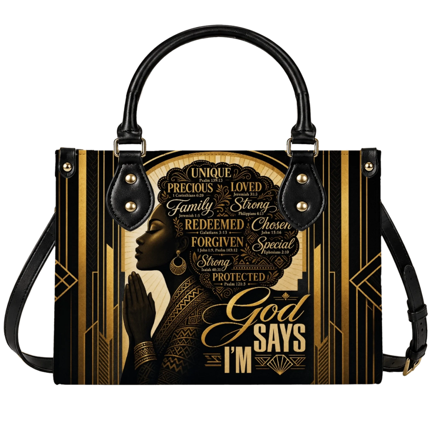 Fashionable handbag featuring a praying black woman with inspirational Bible verse quotes in a gold art deco style.