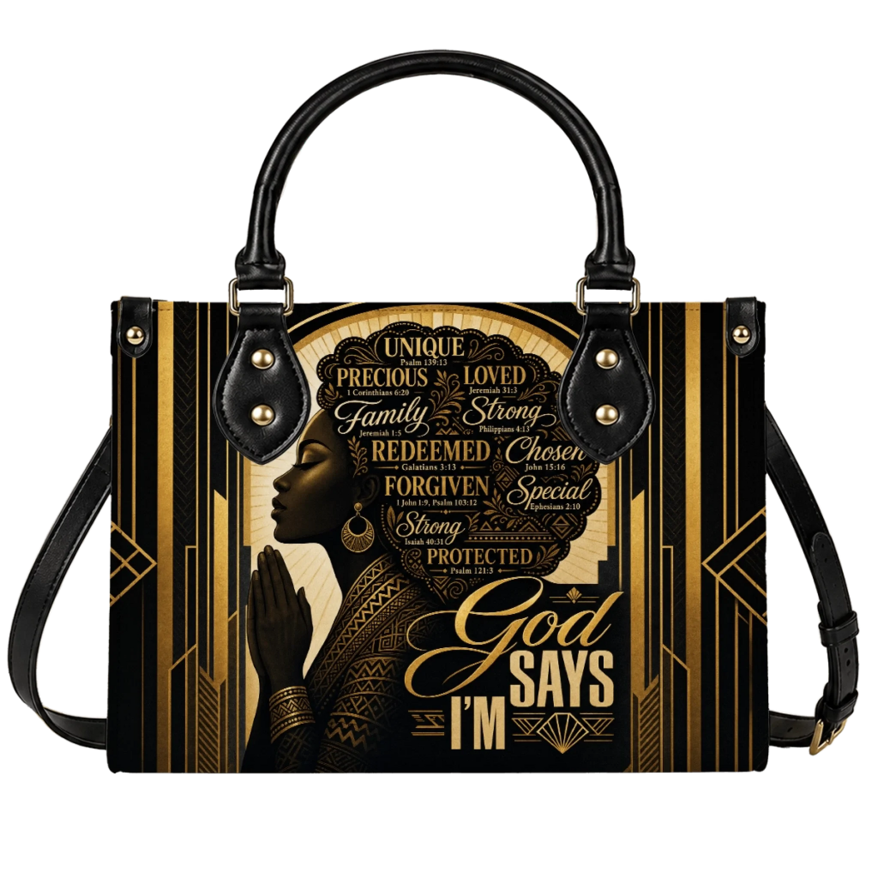 Fashionable handbag featuring a praying black woman with inspirational Bible verse quotes in a gold art deco style.