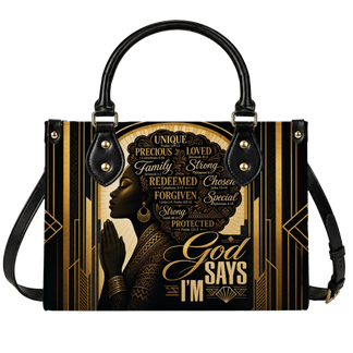 Fashionable handbag featuring a praying black woman with inspirational Bible verse quotes in a gold art deco style.
