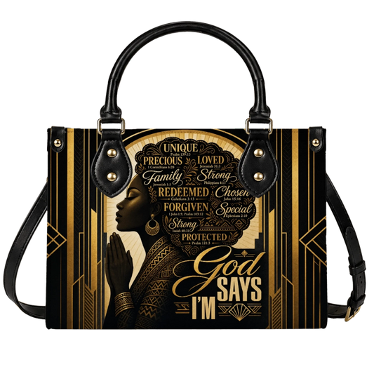 Fashionable handbag featuring a praying black woman with inspirational Bible verse quotes in a gold art deco style.