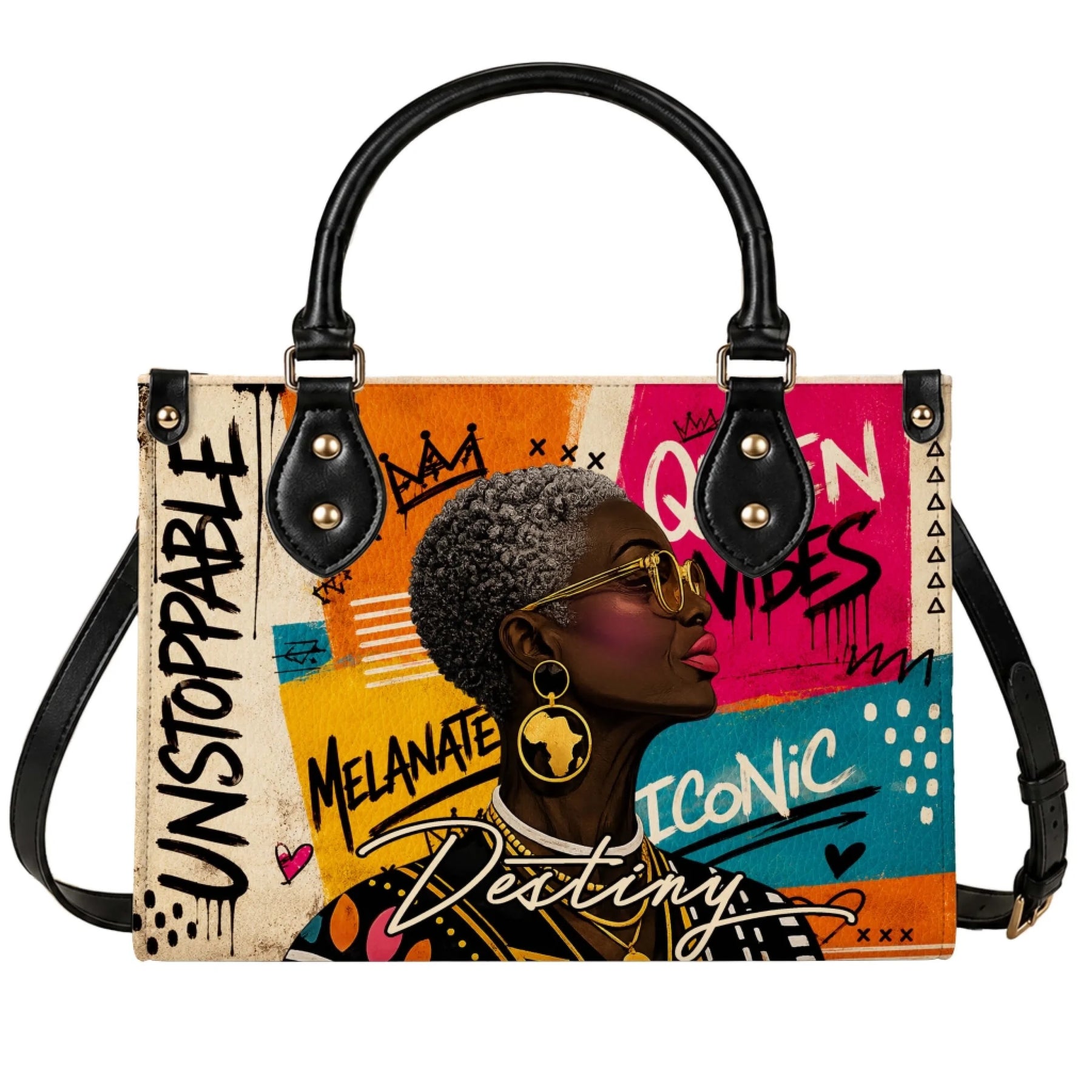 Stylish shoulder handbag featuring vibrant African American graffiti art with Unstoppable and Melanate text designs.