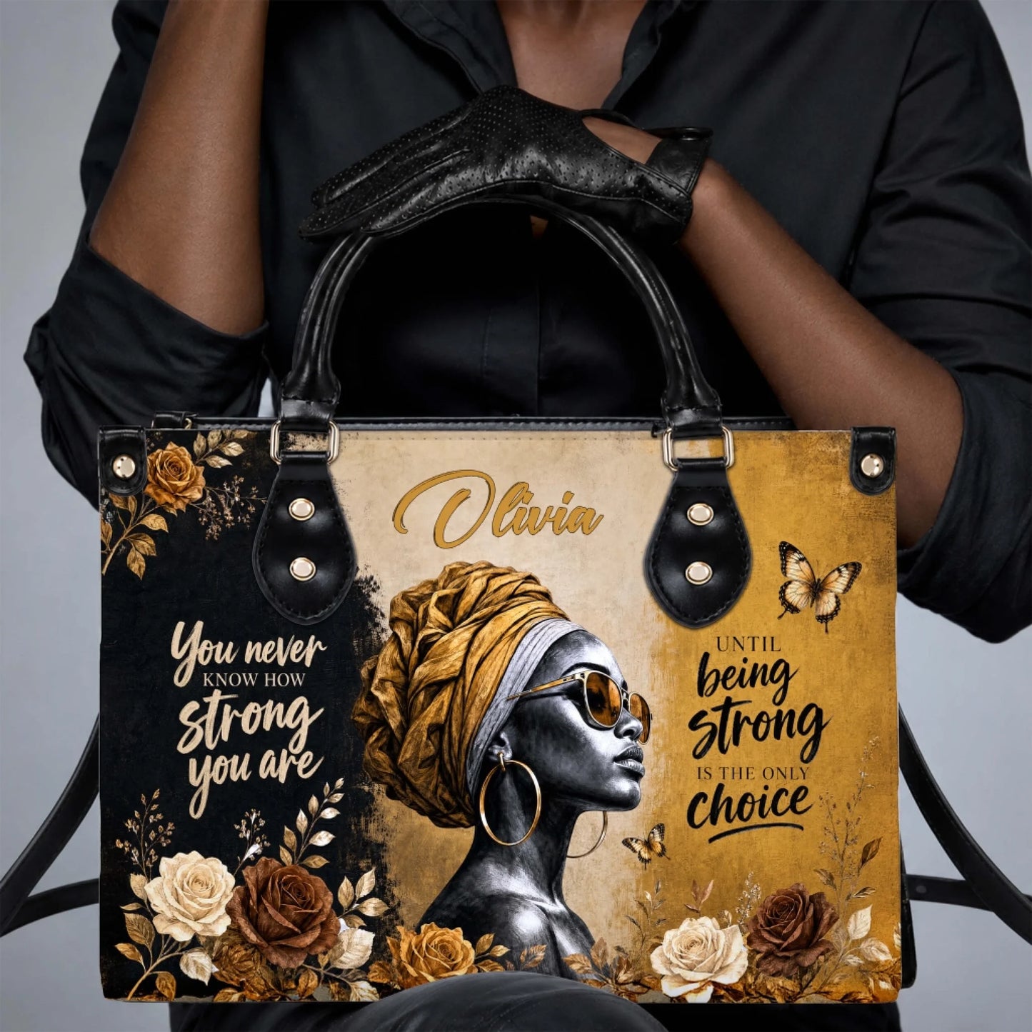 Custom name handbag for women featuring elegant black woman portrait with floral gold and black art theme