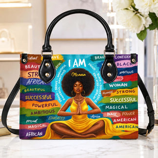 Custom PU leather handbag showing a Black woman in meditation pose surrounded by affirmations for empowerment gift.