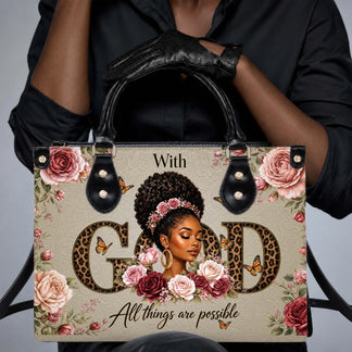 Elegant handbag with a black woman graphic, red and pink roses, butterflies, and the inspirational text With God.