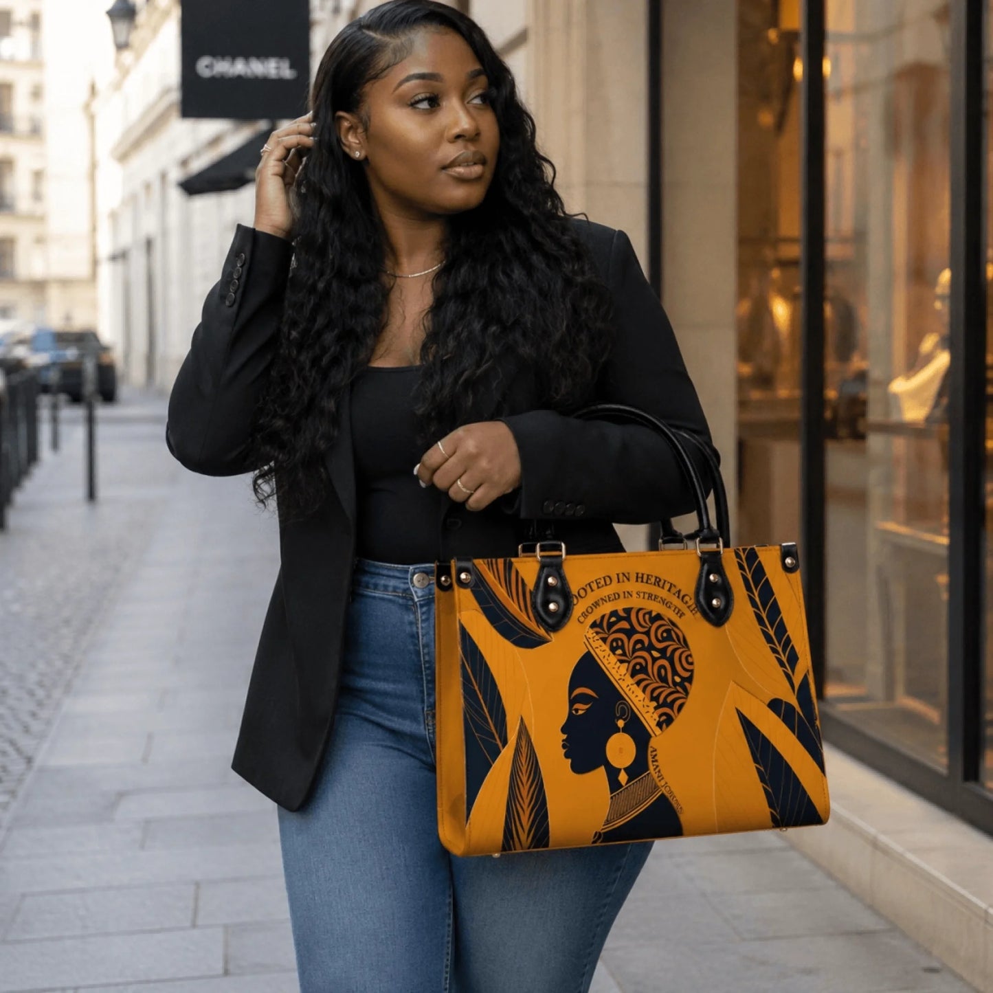Woman walking in the city carrying a designer style tote bag featuring elegant African American art