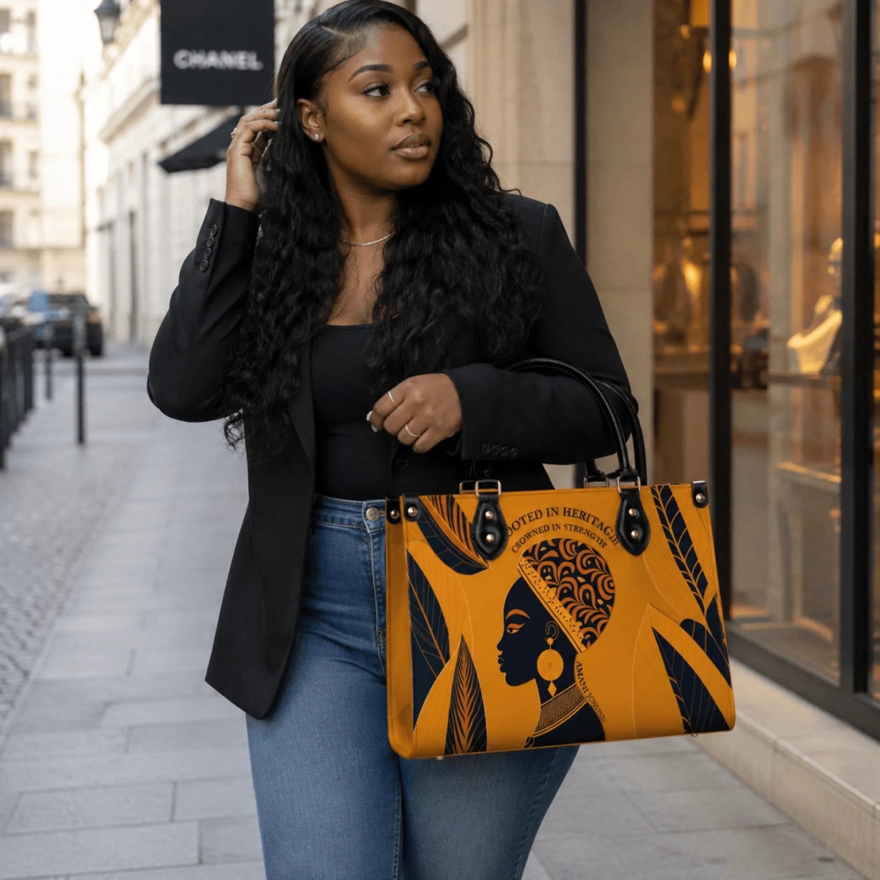 Woman walking in the city carrying a designer style tote bag featuring elegant African American art