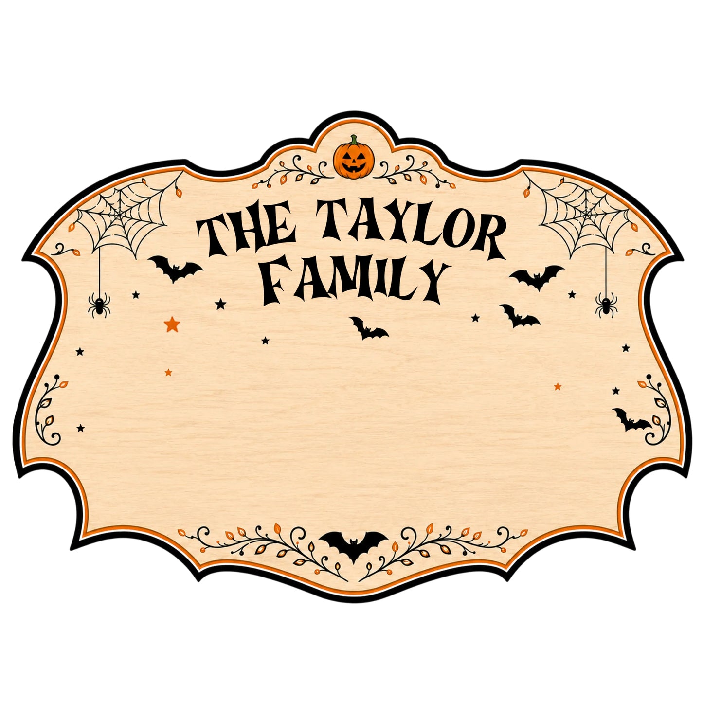 Blank Halloween family theme wooden sign template with pumpkin and spider web accents for custom name personalization.
