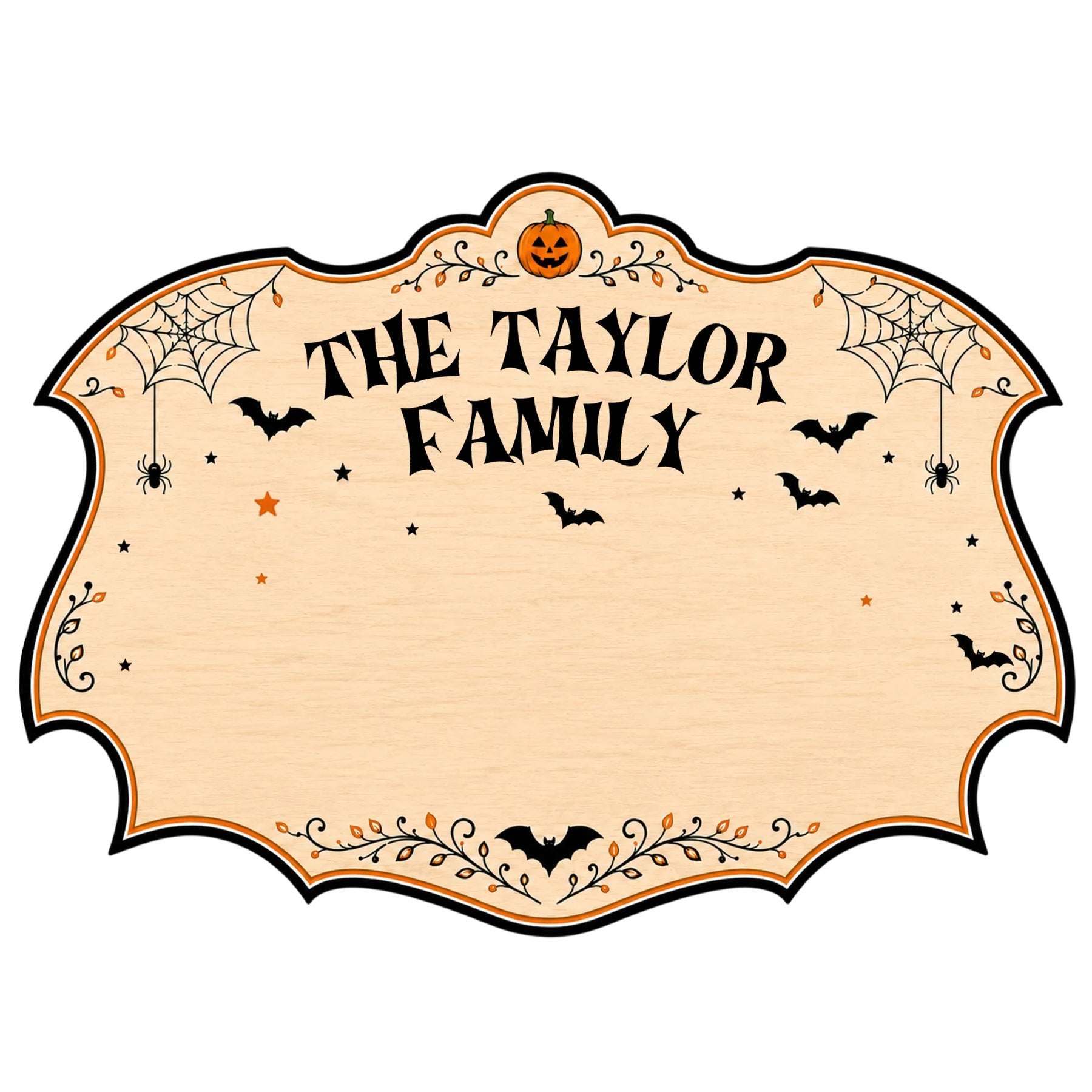 Blank Halloween family theme wooden sign template with pumpkin and spider web accents for custom name personalization.