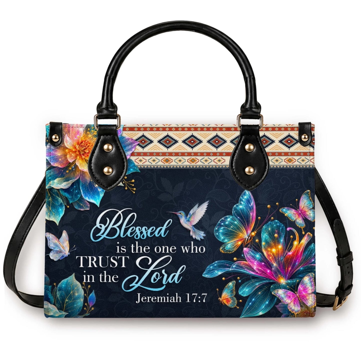 Personalized floral butterfly handbag featuring a Jeremiah 17 7 Bible verse and hummingbird design for religious gifts.