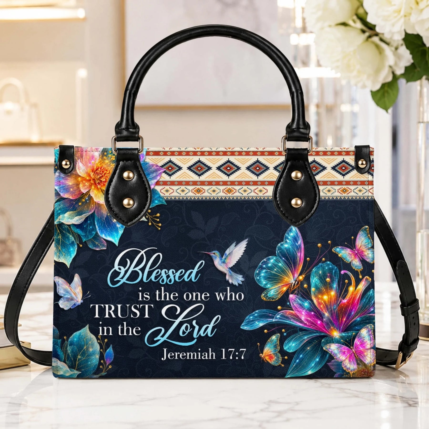 Decorative handbag with Bible verse Jeremiah 17 7 butterflies and colorful flowers for a Christian faith gift.
