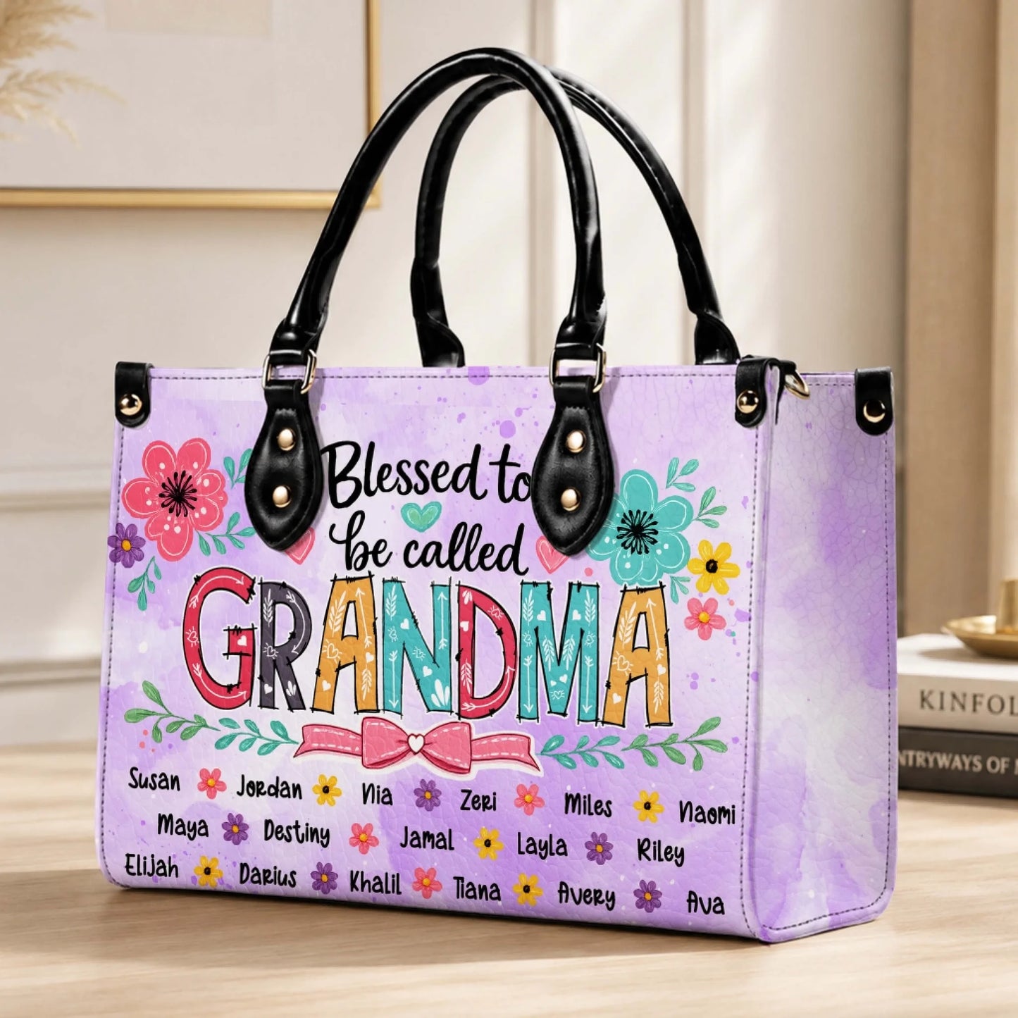 Customized floral handbag for grandma with family names design suitable for Mother's Day or birthday gifting.