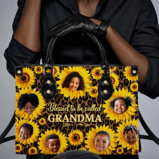 Custom handbag featuring sunflower design with photos of grandchildren and the text Blessed to be called GRANDMA.