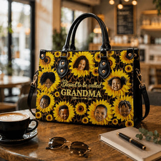 Custom sunflower leopard print handbag featuring multiple photo personalization and Blessed to be Called Grandma text.