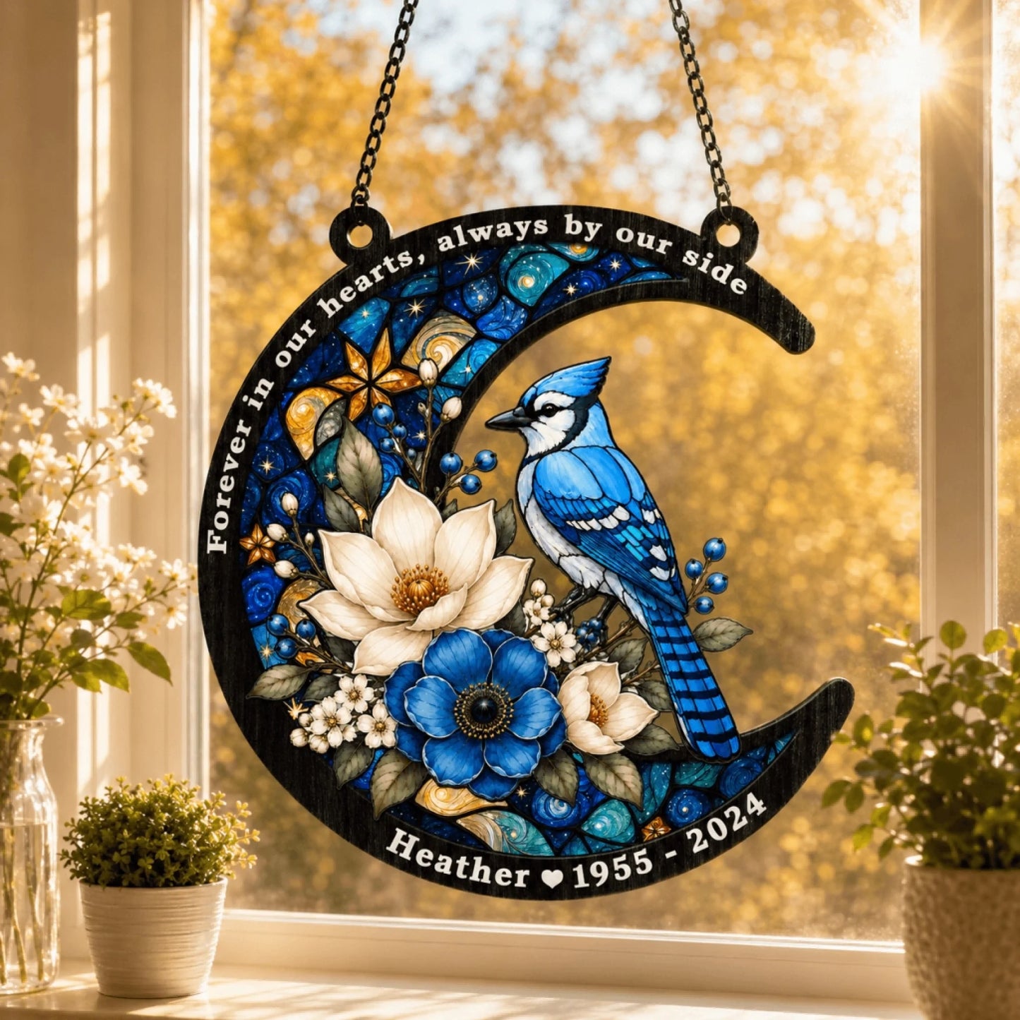Crescent moon memorial suncatcher featuring a blue jay and flowers with personalized Heather 1955 2024 commemorative text.