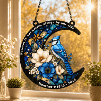 Crescent moon memorial suncatcher featuring a blue jay and flowers with personalized Heather 1955 2024 commemorative text.