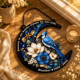Personalized sympathy suncatcher in a crescent moon shape featuring a blue jay floral design and memorial name plate.