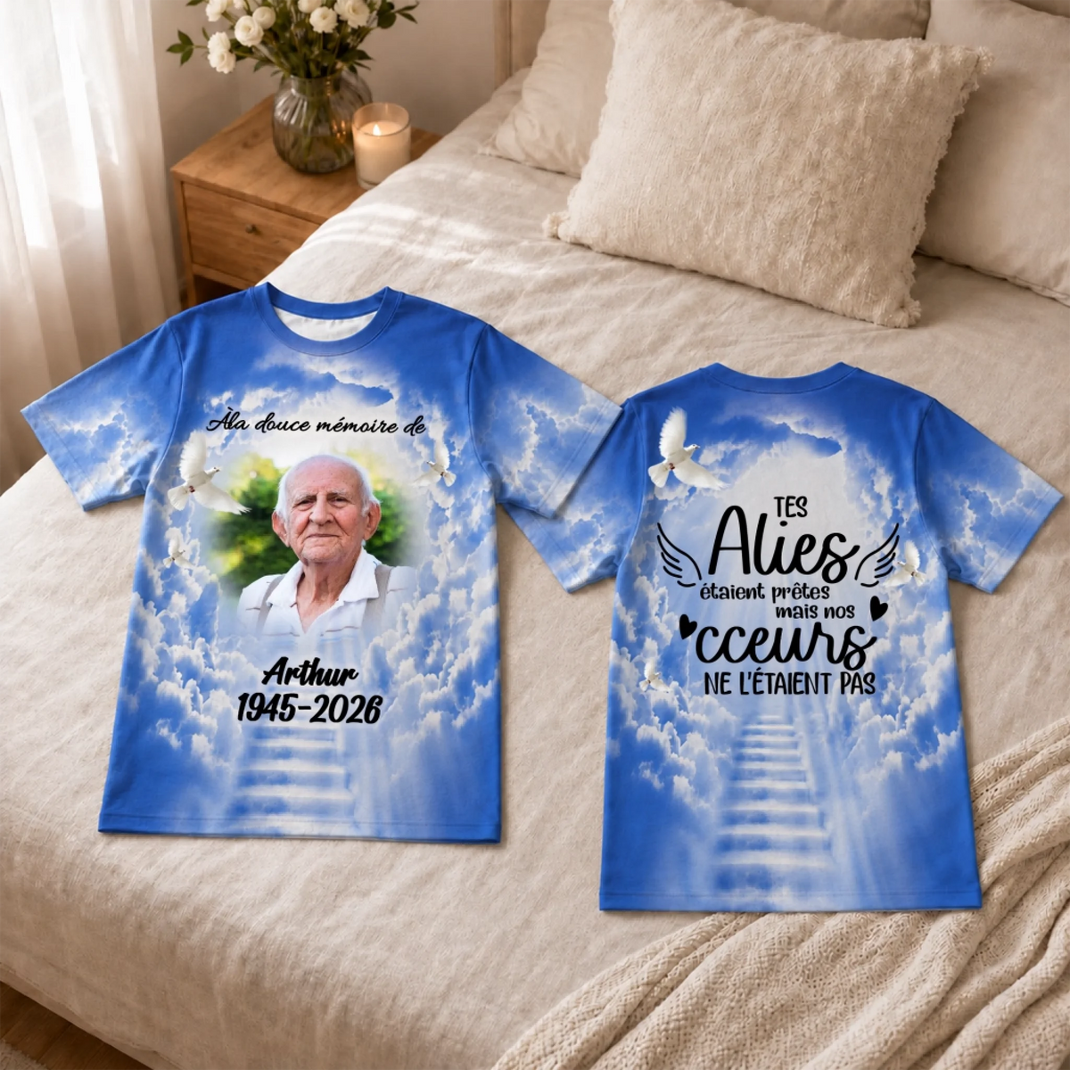 Personalized memorial T-shirt with Arthur photo and sky-themed heaven design for sympathy and celebration of life.