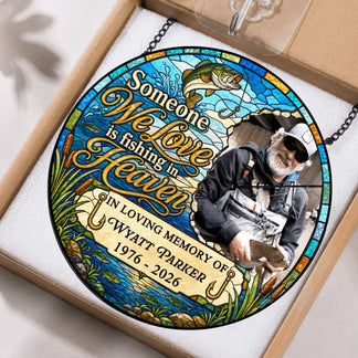 Custom round stained-glass memorial plaque for Wyatt Parker in its packaging box, featuring a fishing scene.