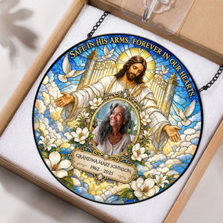 Beautifully boxed memorial suncatcher featuring a personalized photo and Jesus design, perfect for sympathy gifts.