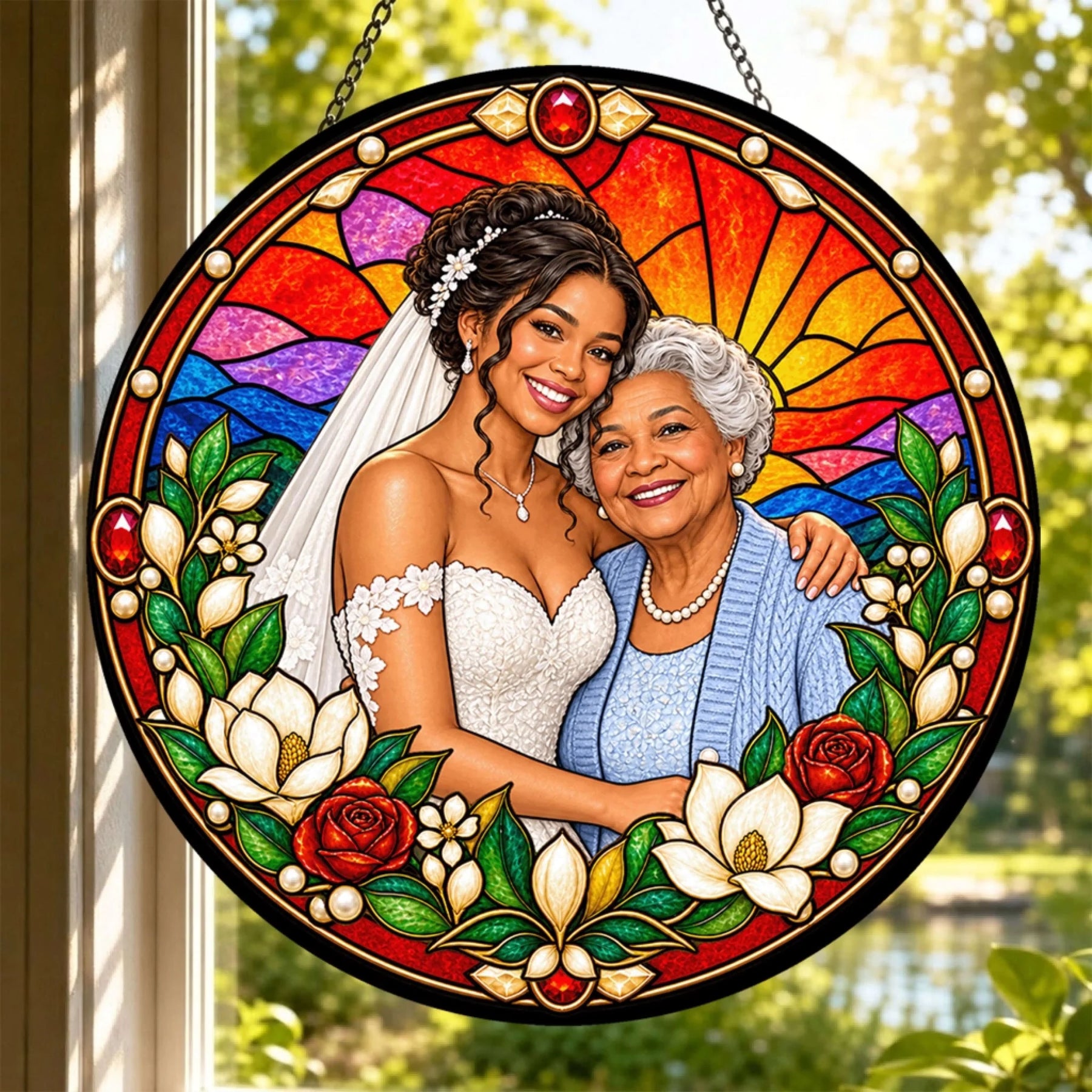 Decorative stained glass suncatcher showcasing a personalized bride and grandmother portrait for wedding keepsakes.