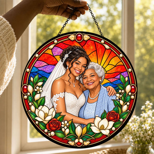 A beautiful round stained glass suncatcher featuring a personalized portrait of a bride and her grandmother for a wedding gift.