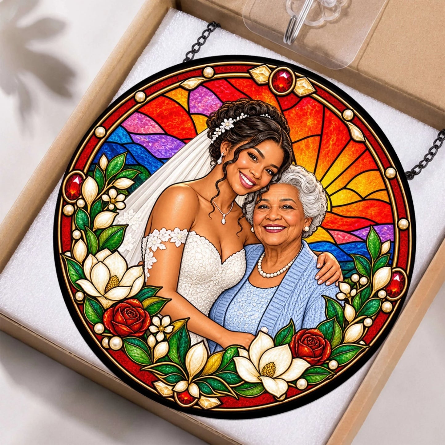 A beautiful stained glass suncatcher featuring a personalized illustration of a bride hugging her grandmother for a wedding.