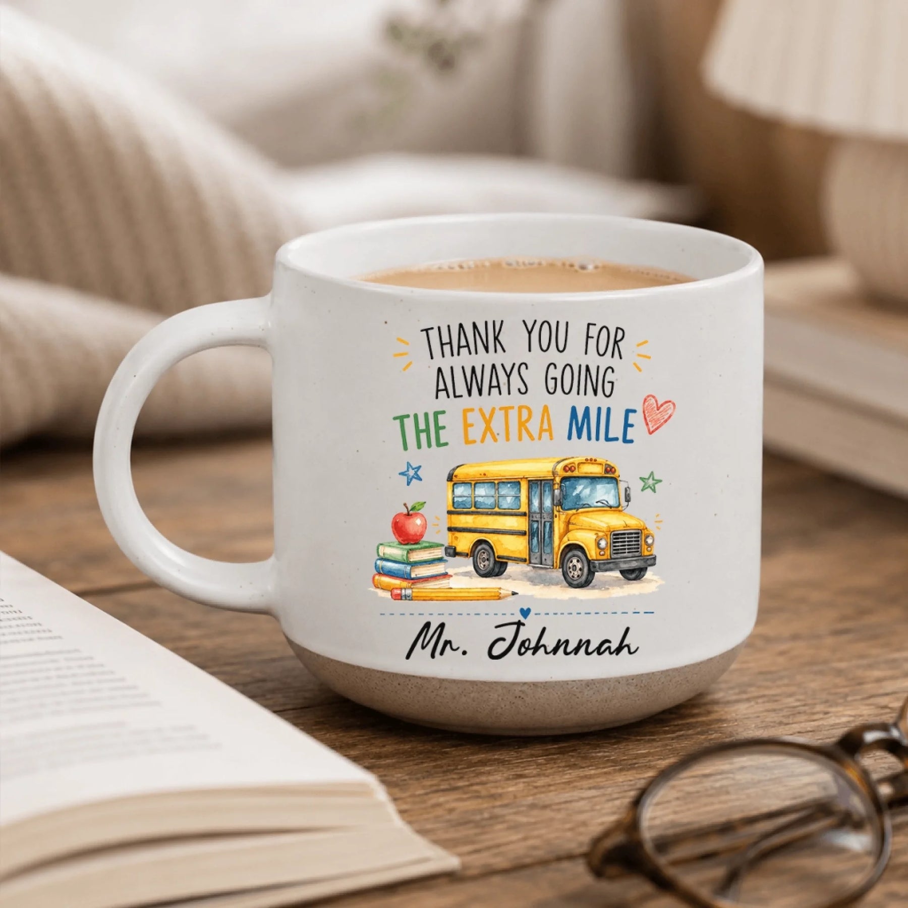 Bus driver mug with "Thank You for Always Going the Extra Mile" message