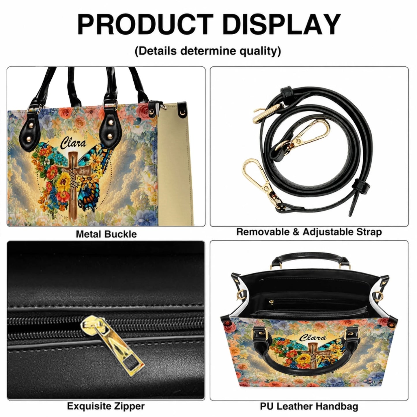 Customizable butterfly floral faith cross pu leather handbag with metal buckle and adjustable strap for women.
