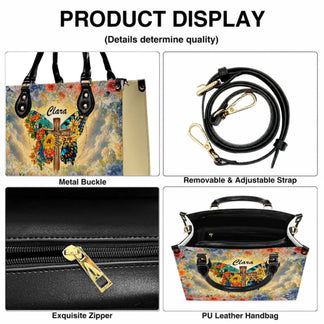 Customizable butterfly floral faith cross pu leather handbag with metal buckle and adjustable strap for women.