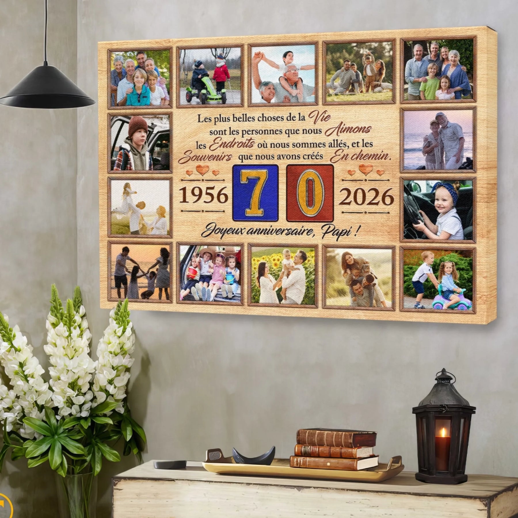 Cadeau personnalisé 70 ans sous forme de tableau photo avec citation tendre, parfait pour un anniversaire papi.