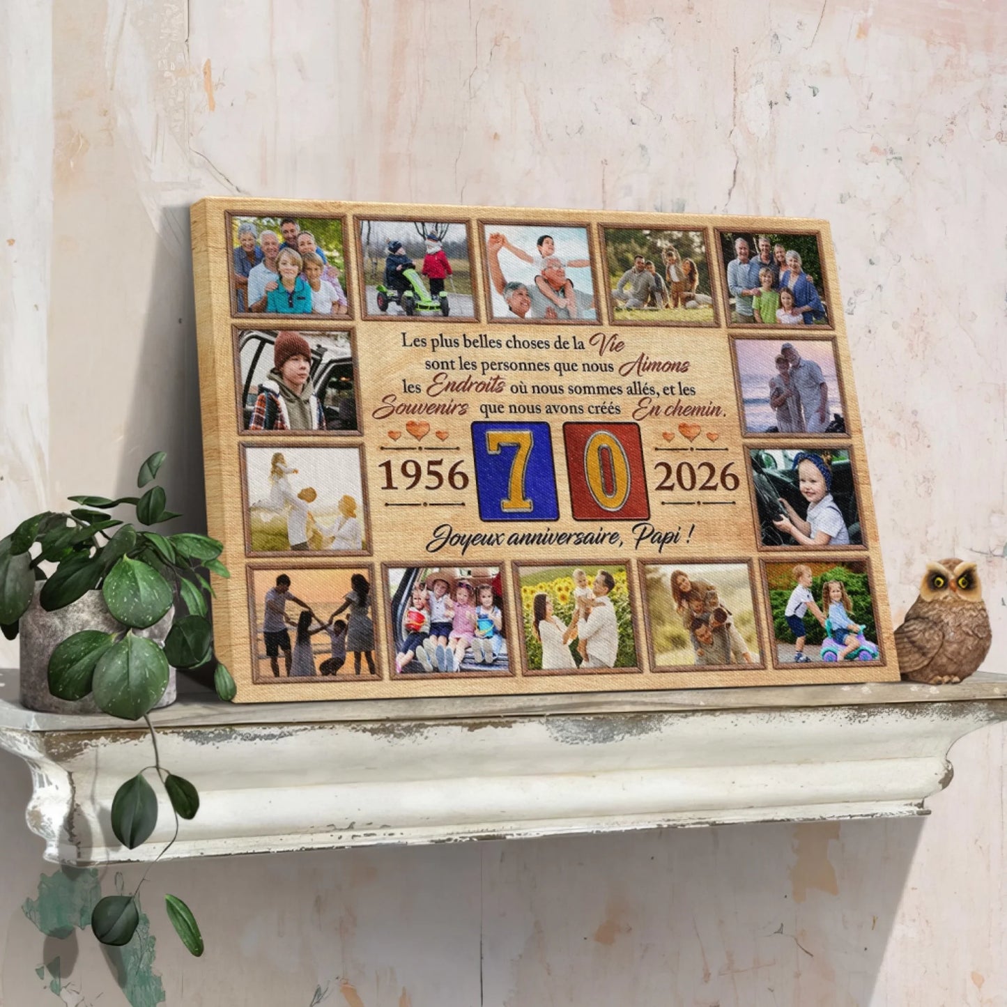 Plaque souvenir en bois personnalisée avec 12 photos de famille, dates 1956 2026 et citation pour un anniversaire.