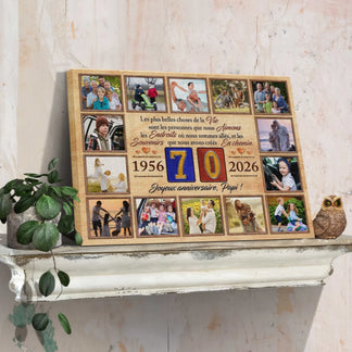 Plaque souvenir en bois personnalisée avec 12 photos de famille, dates 1956 2026 et citation pour un anniversaire.