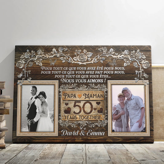 Cadre décoratif en bois pour 50 ans de mariage avec photos du couple, texte personnalisé et roses gravées.