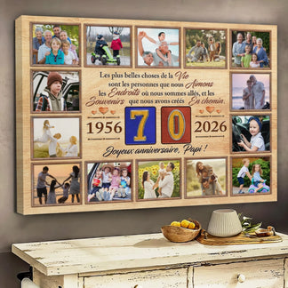 Cadre photo personnalisé avec collage de souvenirs familiaux, dates 1956 2026 et vœux pour 70 ans de papi.