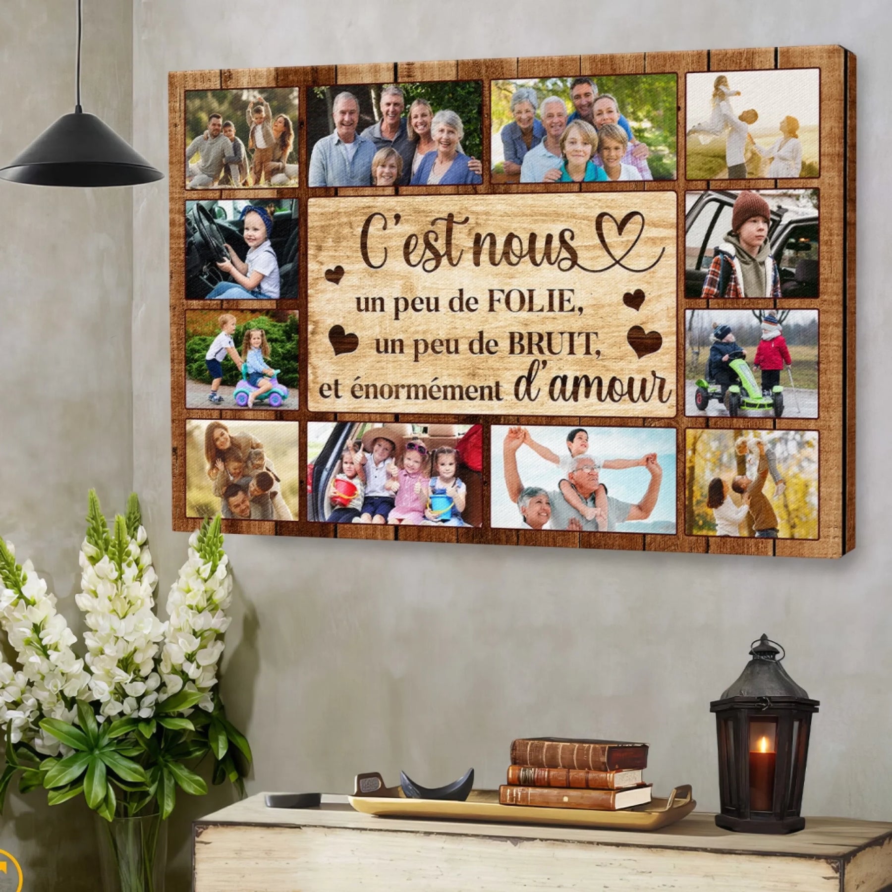 Cadre photo personnalisé en bois pour famille avec collage de photos et citation c est nous peu de folie et amour
