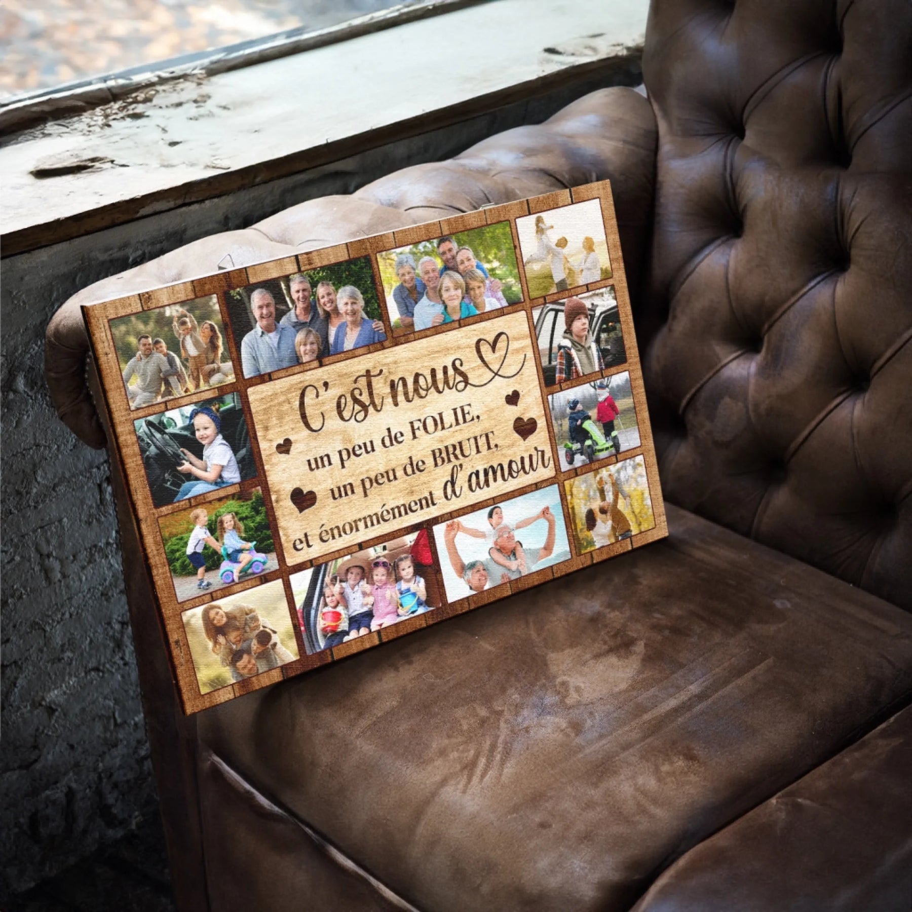 Cadre photo personnalisé en bois pour famille avec collage de photos et citation c est nous peu de folie et amour