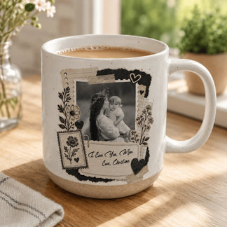 Close-up of a personalized white mug featuring a sentimental black and white photo of a mother and child on a wooden desk.