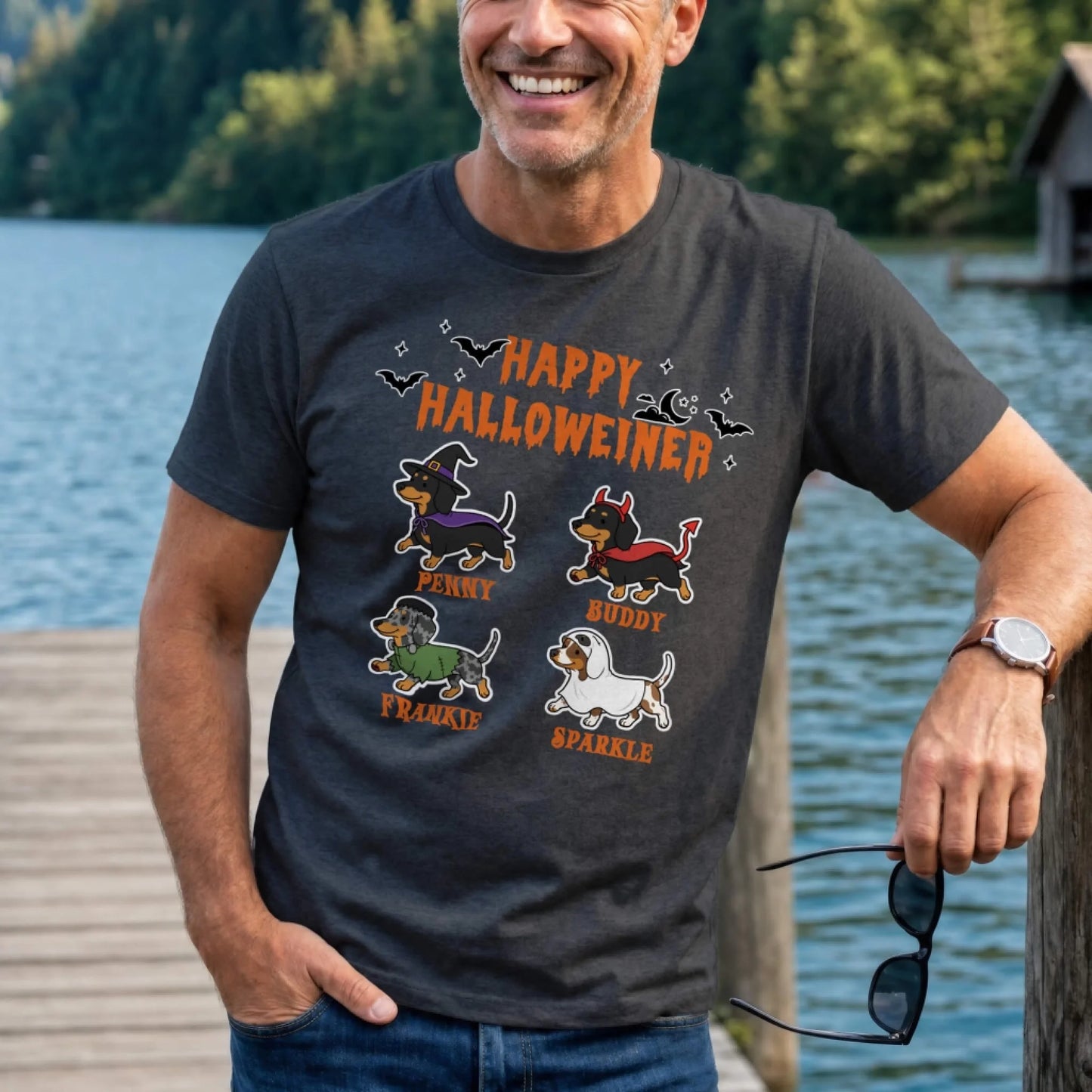 Charcoal gray personalized Halloween t-shirt featuring illustrated dachshund dogs named Penny, Buddy, Frankie, and Sparkle.