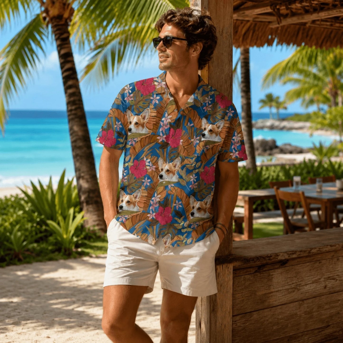Homme en chemise hawaïenne bleue avec motif personnalisé de tête de chien corgi et fleurs tropicales à la plage.