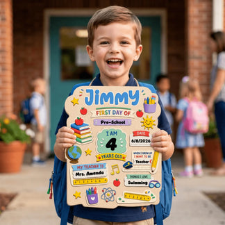 Happy child holding a personalized wooden first day of preschool sign for Jimmy with school supplies and custom details.